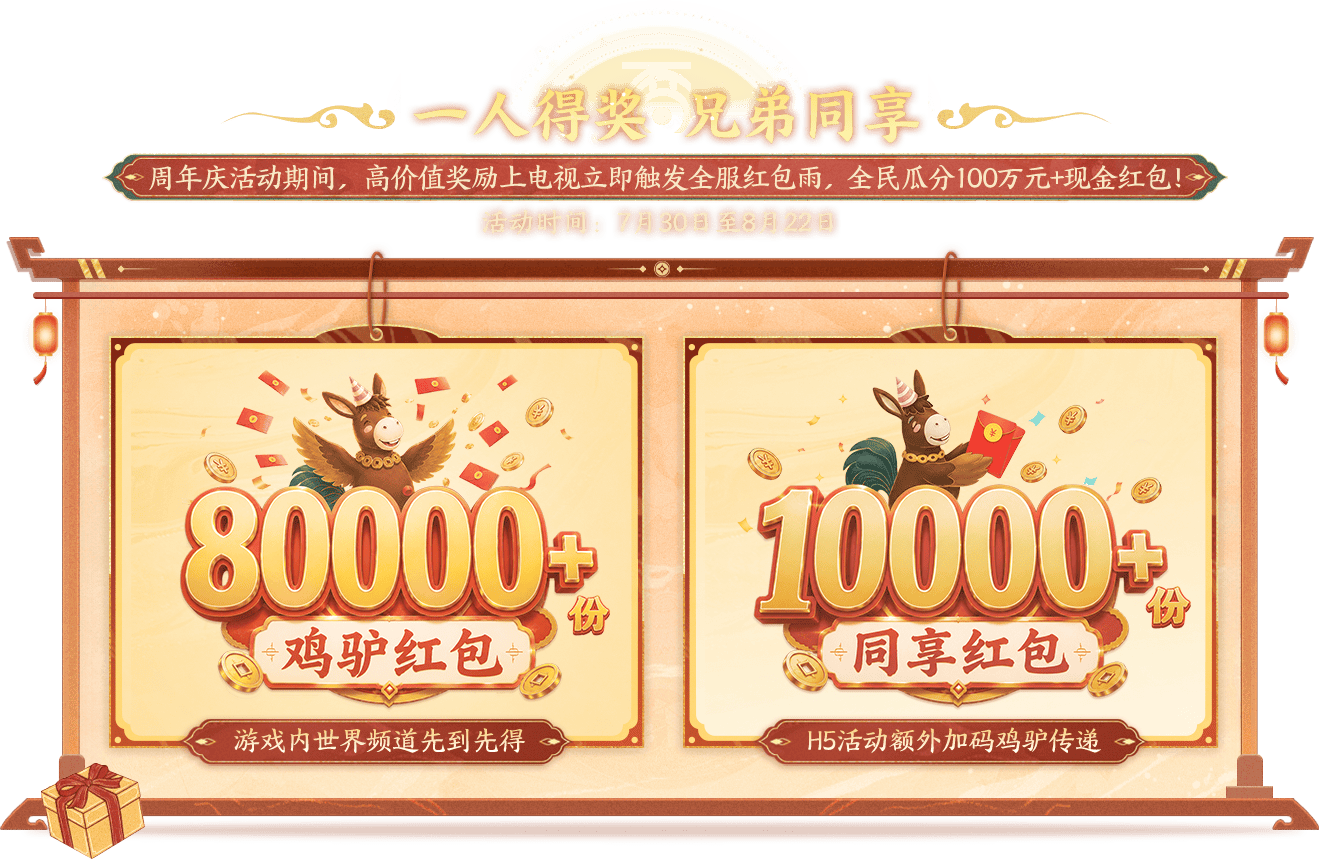 一人得奖 兄弟同享：80000+份鸡驴红包、10000+份同享红包